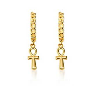 10K Yellow Gold Egyptian Ankh Cuban Link Huggies Earrings